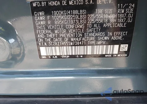 2025 Honda Hr-V 2Wd Sport z USA, uszkodzony, nr VIN 3CZRZ1H55SM738471